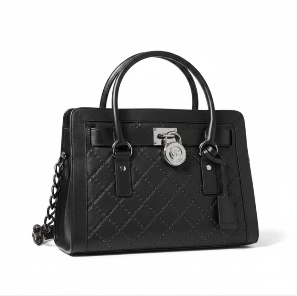 MICHAEL KORS Hamilton Medium Studded Leather Satchel Bag Black Classic Timeless